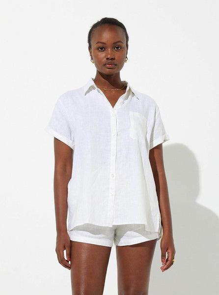 IN BED 100% Linen Short Sleeve Shirt in Grey & White Stripe - RIISE