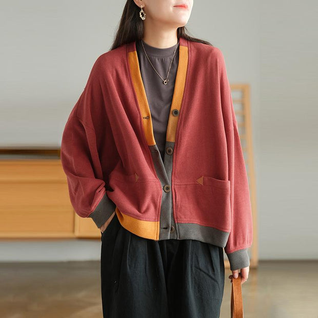 Women Cotton Color Contrast Pocket Breasted Long Sleeve Coat