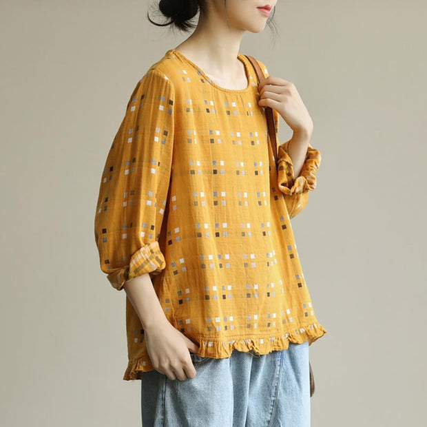 Plus Size - Women Loose Plaid Agaric Cotton Linen Laces T-shirt