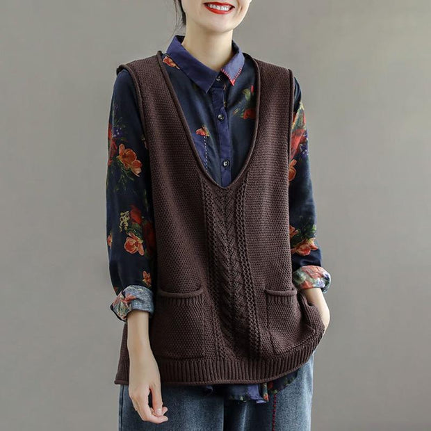 Women Solid Color Pocket Knitted Hollow Sweater Vest