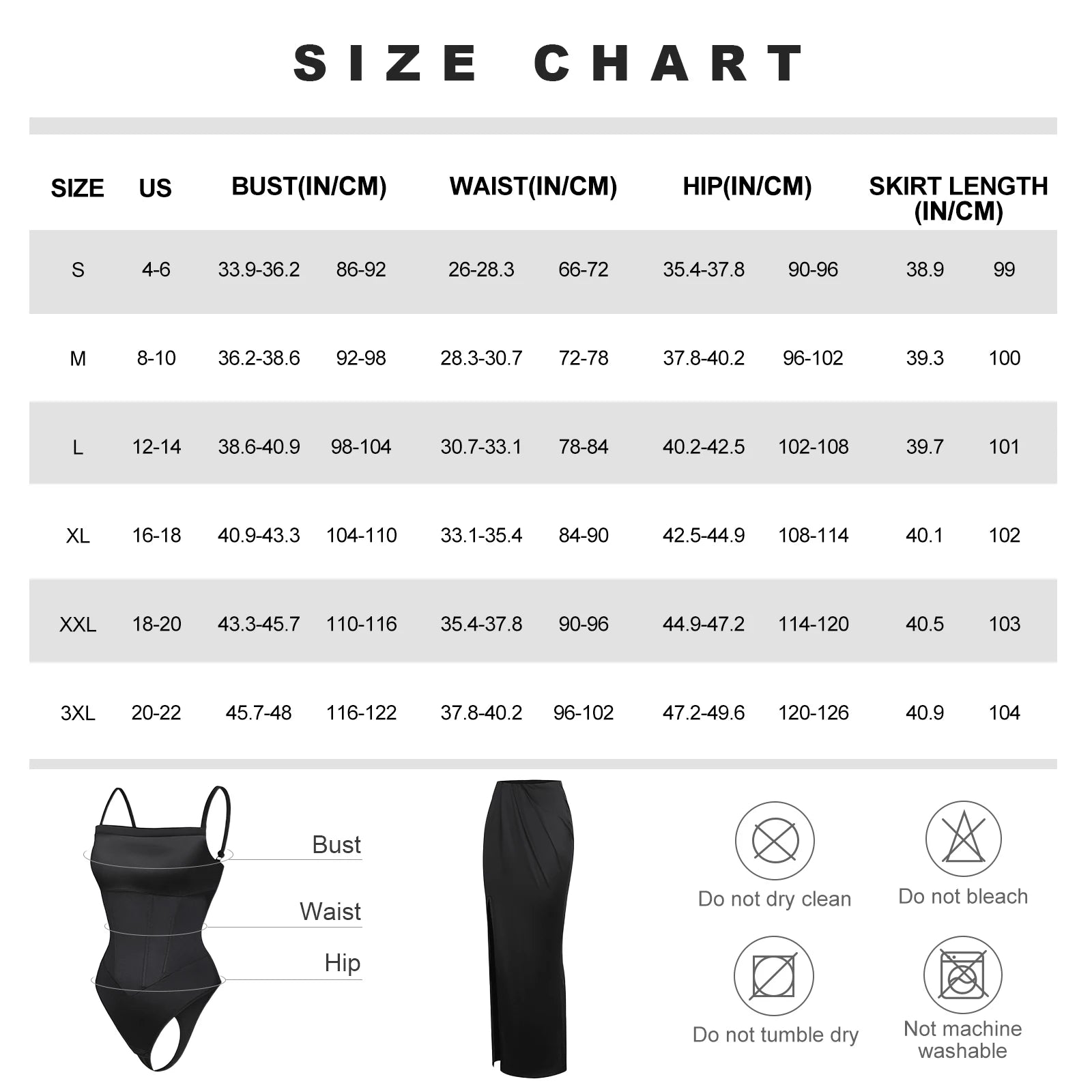 Long Slip Dress Size Chart