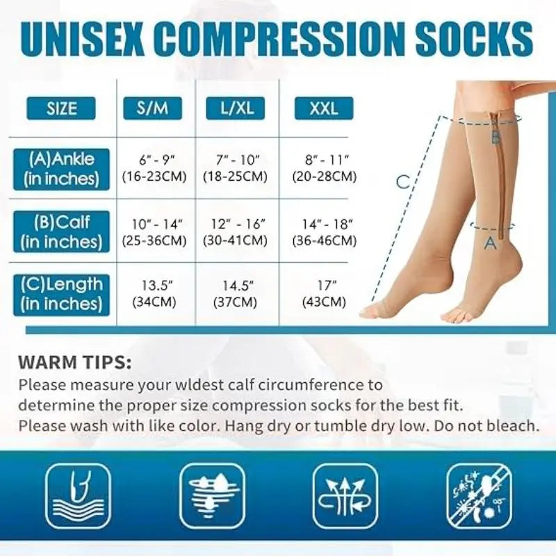 Tableau des tailles des chaussettes de compression à fermeture éclair
