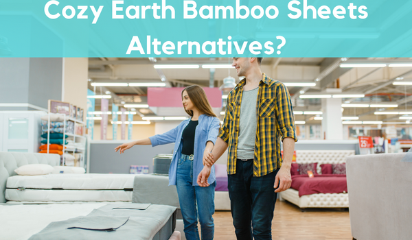 a young couple finding the alternative of cozy earth bamboo sheet in bedding shop