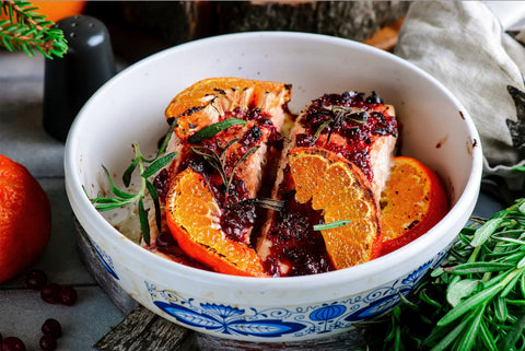 Salmon with cranberries and tangerines