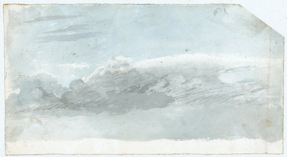 Cloud study by Luke Howard, c1803-1811: Cumulostratus, with possible sunken nimbus. Pencil with blue and grey wash.