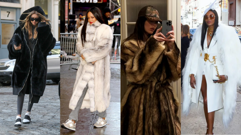 Gigi hadid, rihanna, kendall Jenner et Naomi Campbell avec manteau en fausse fourrure