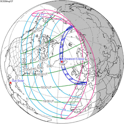 Caminho do eclipse solar em 12 de agosto de 2026. Fonte: Previsões do Eclipse por Fred Espenak, GSFC da NASA / Wikimedia Commons