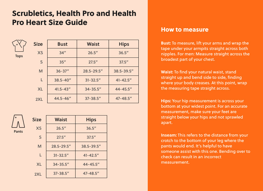 Scrubletics Health Pro and Health Pro Heart Size Guide