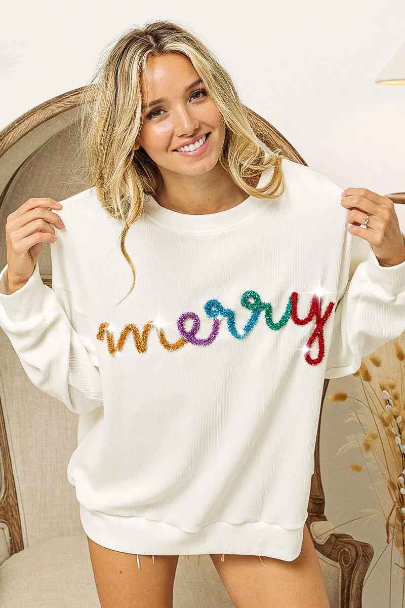 “Merry” Tinsel Lettering Sweatshirt – Drop Shoulder Holiday Pullover