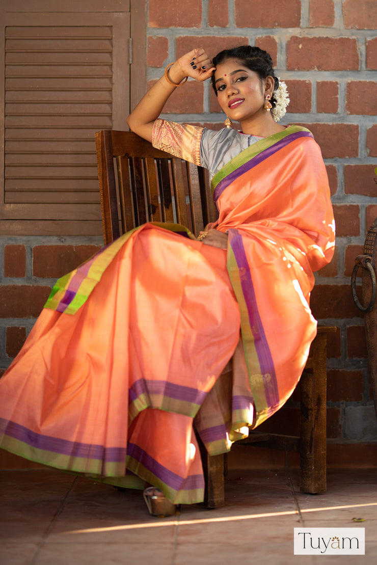 Banarasee Kubera Pattu Soft Silk Saree With Silver Zari Work-Peach