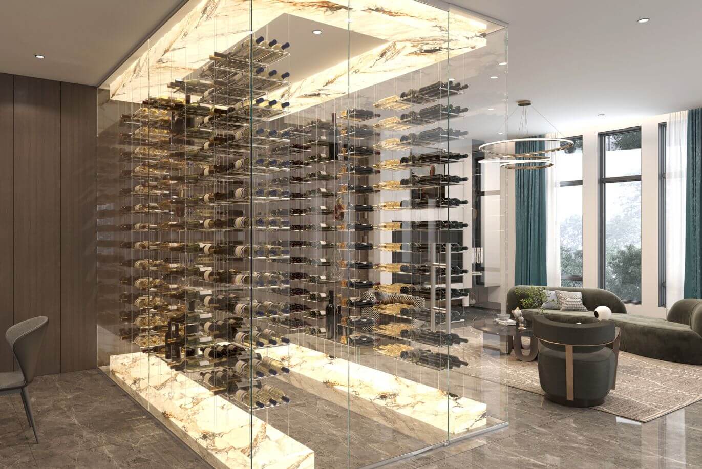 Contemporary wine display with Lumina cable wine rack designed by genuwine cellars reserve