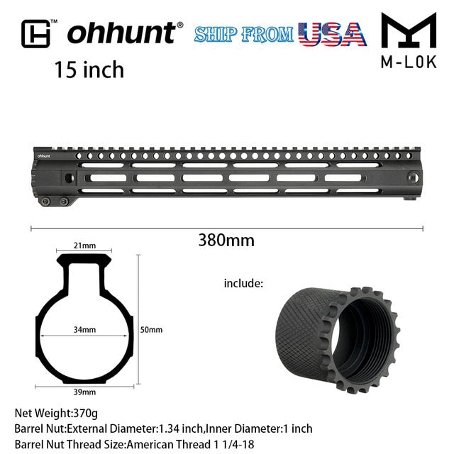 SHIP FROM USA ohhunt 7" 10" 12" 15" AR15 Slim Style Free Float M-LOK Handguard  Steel Barrel Nut lightweight