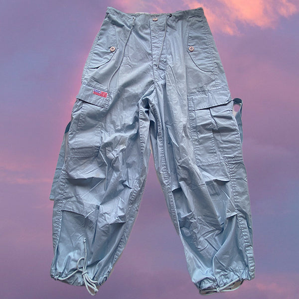 Vintage 90's Archive UFO Baby Blue Parachute Baggy Cargo Pants (XS-S-M