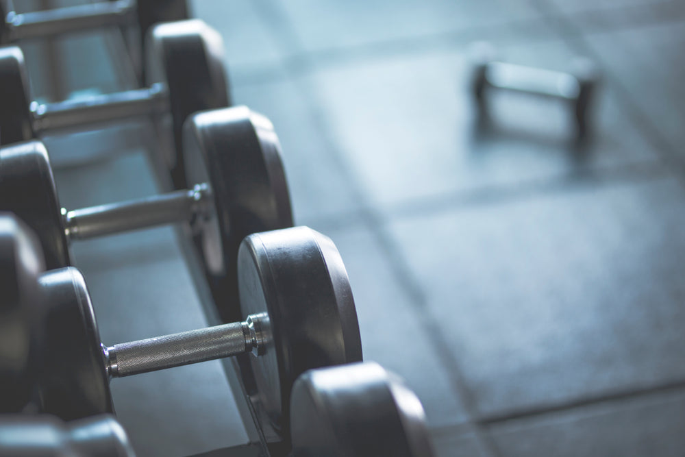 A photo of dumbbells on a weight rack.
