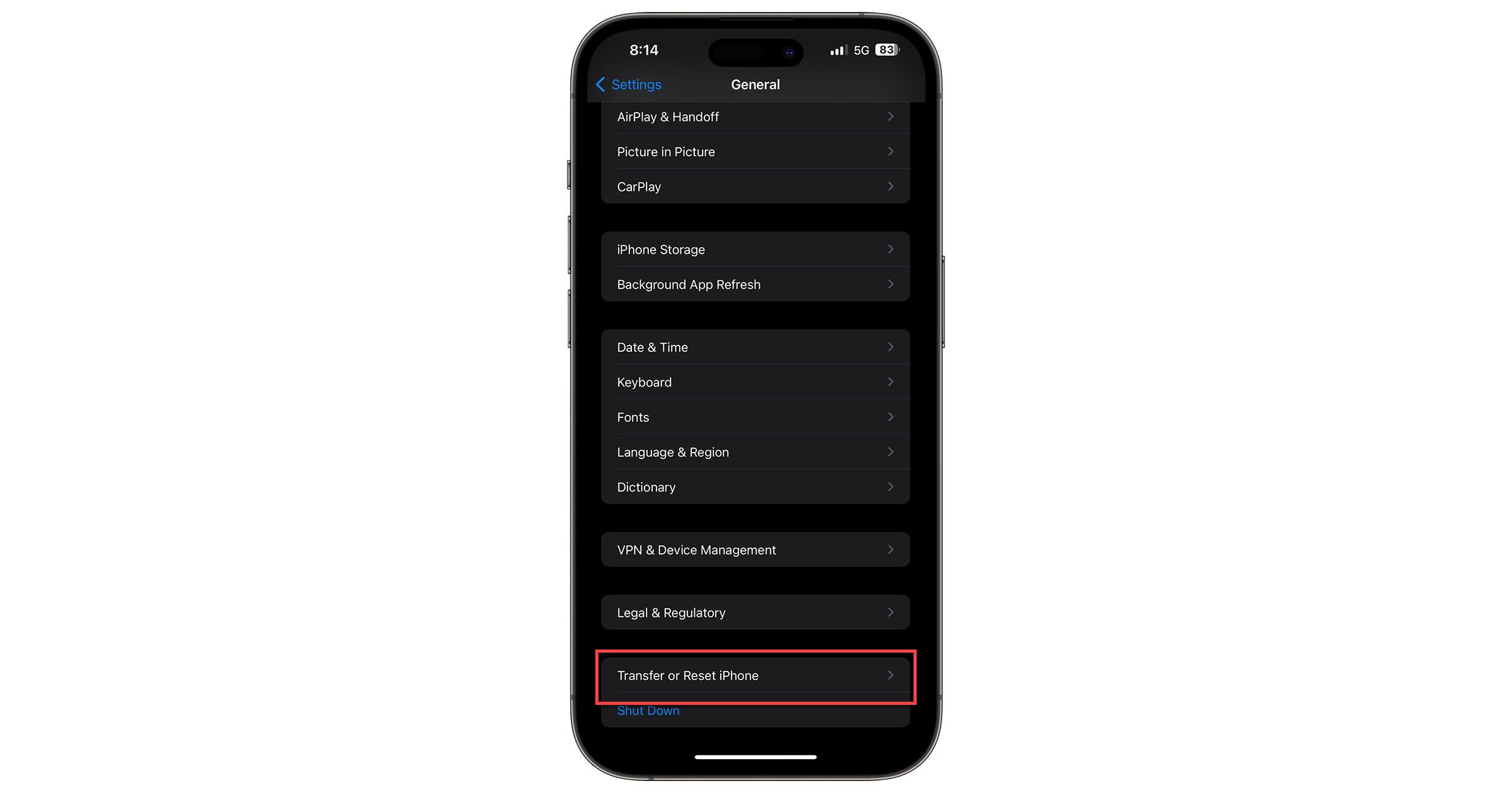 Transfer or Reset iPhone in iPhone Settings