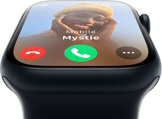 A front view of Apple Watch with an incoming phone call screen.