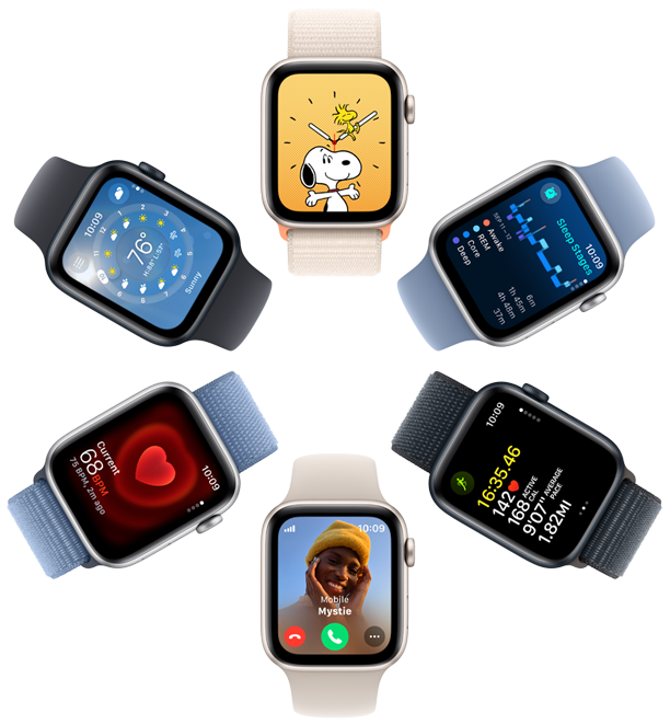 An overhead view of six Apple Watch SE screens displaying a Snoopy wallpaper, Sleep app insights, Workout app metrics, an incoming call, heart rate, and Weather app.