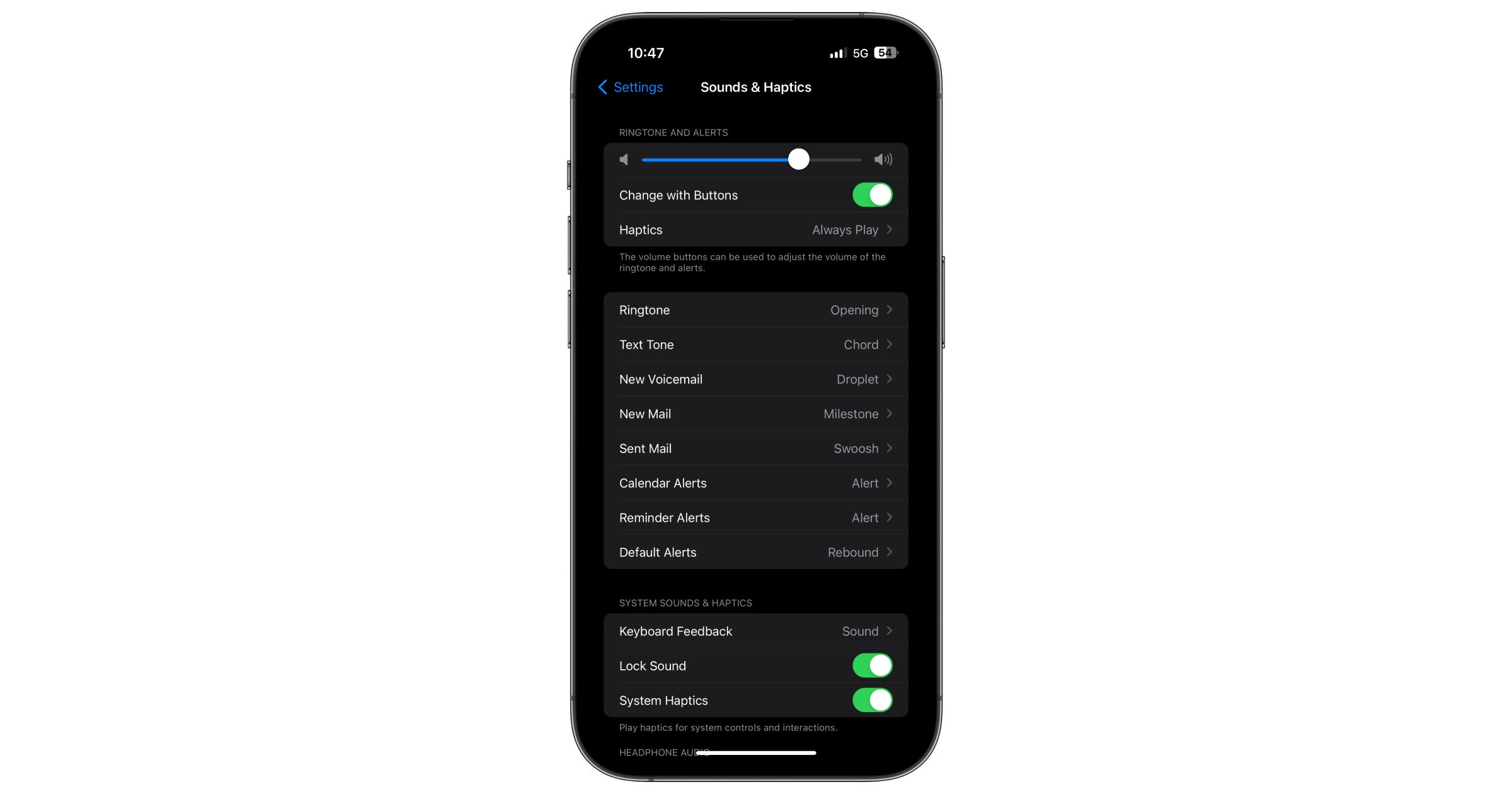 iPhone Settings showing Sound and Haptics