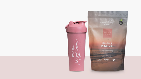 A close up image of the Simone Thomas protein shaker with chocolate pause the meno protein powder