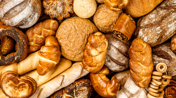 An array of different kinds of bread and gluten products