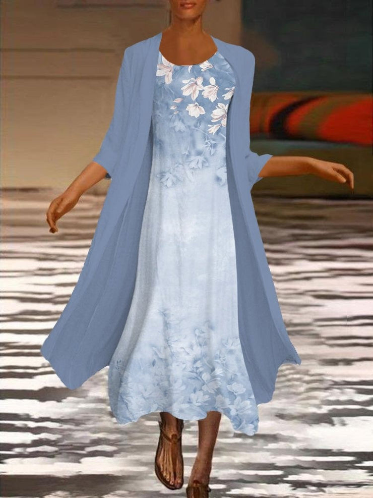 Elegant Floral Long Sleeve Woven Dress Two-piece Maxi Dress