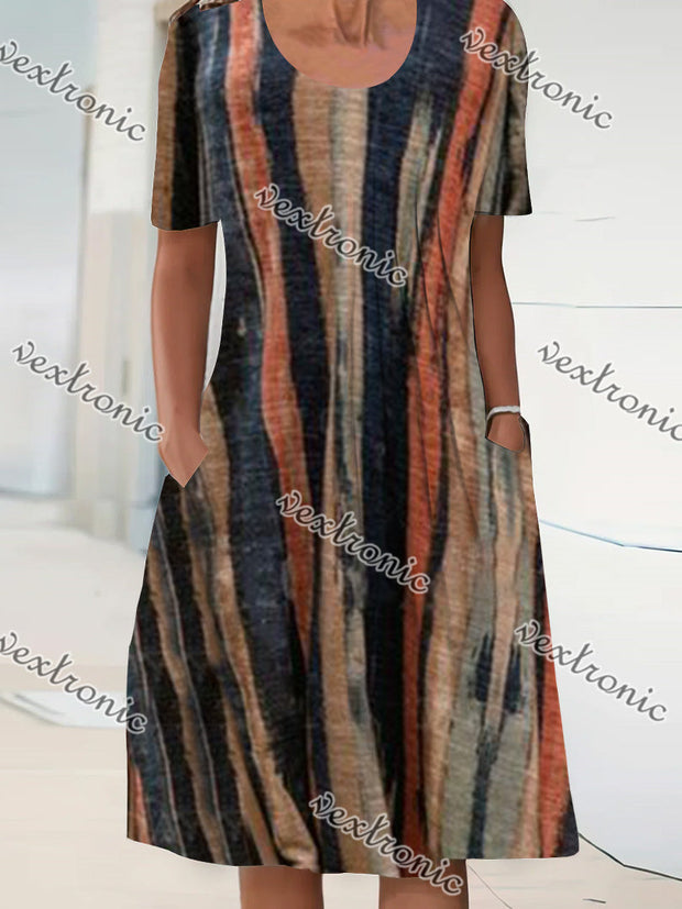 Women's Short Sleeve Scoop Neck Striped Graphic Midi Dress