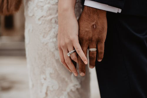 close-up of a couple’s hand with their wedding rings