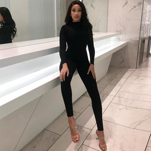 Turtleneck Long Sleeve Solid Jumpsuit - HotSalesWear