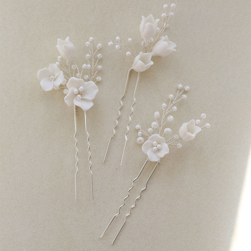White Ceramic Floral Hair Pins Set, Clay Floral Hair Pins, Silver Clay Bridal Hair Pins, Silver Hair Pins, Pearl Hair Pins