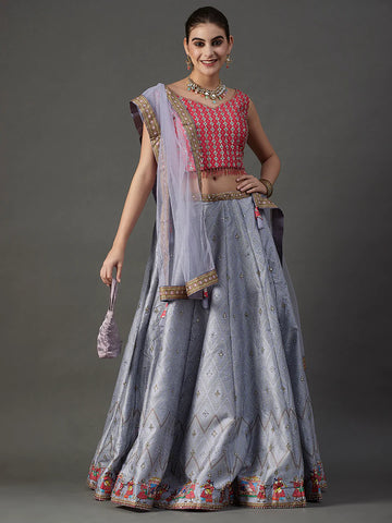 Grey And Red Embroidery Lehenga - PepaBai