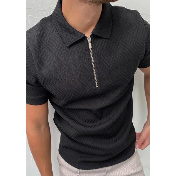 black and white herringbone jacquard polo shirt