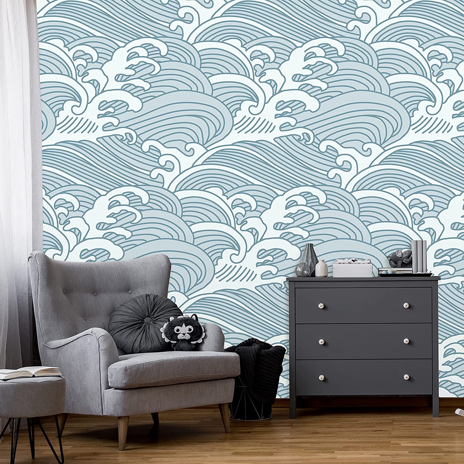 Peel and Stick Wallpaper With Watercolor Waves Pattern  Etsy  Mural  wallpaper Wall patterns Wall wallpaper