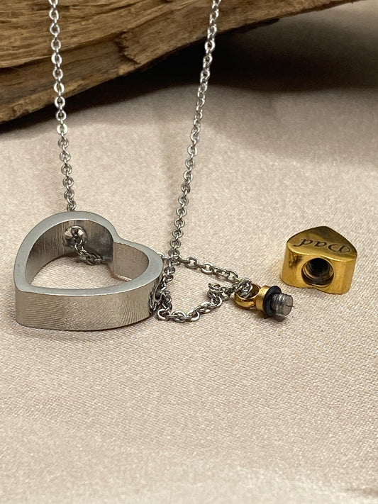 Small Silver Heart Cremation Urn Necklace Engraved with 'Dad