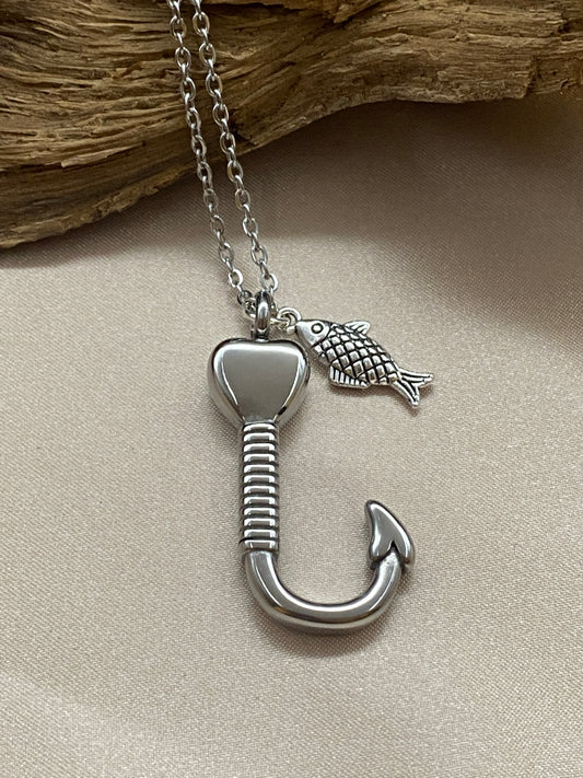 Fish Hook Urn Necklace for Ashes - Cremation Pendant, Fishing Mens Jewelry, Ashes Necklace, Keepsake Jewelry for Ashes