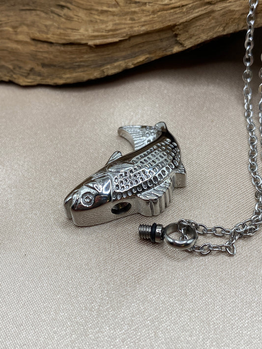 Fish Hook Urn Necklace with Silver Fish Charm - Cremation Pendant