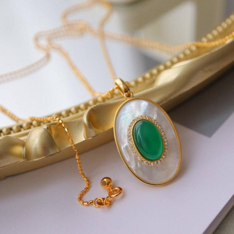 Image of Green Onyx Mother of Pearls Pendant Necklace Gold Vermeil
