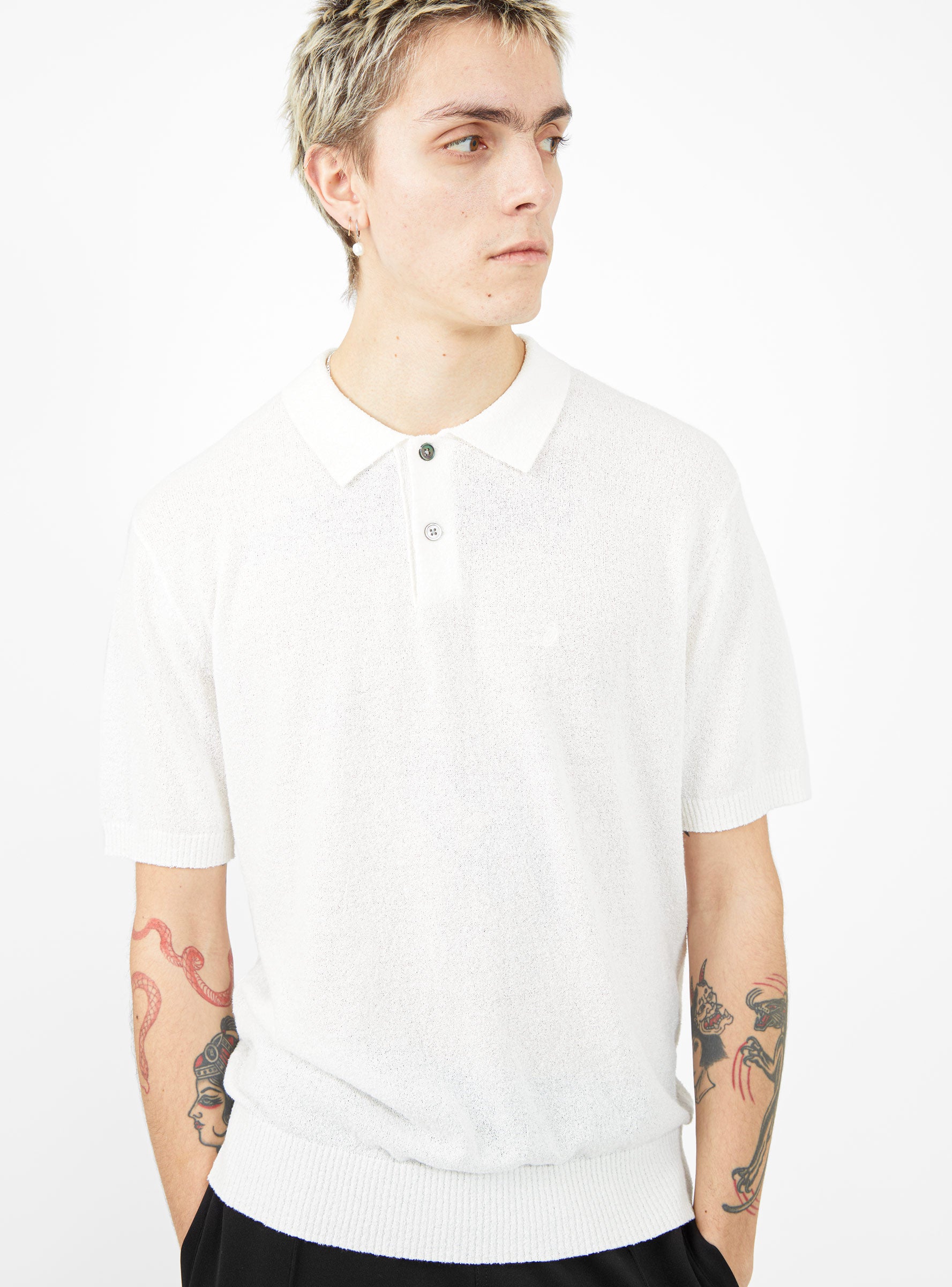 Textured Short Sleeve Polo Sweater Bone White