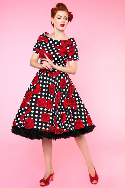 50s Style Polka Spot Roses Off Shoulder Swing Dress