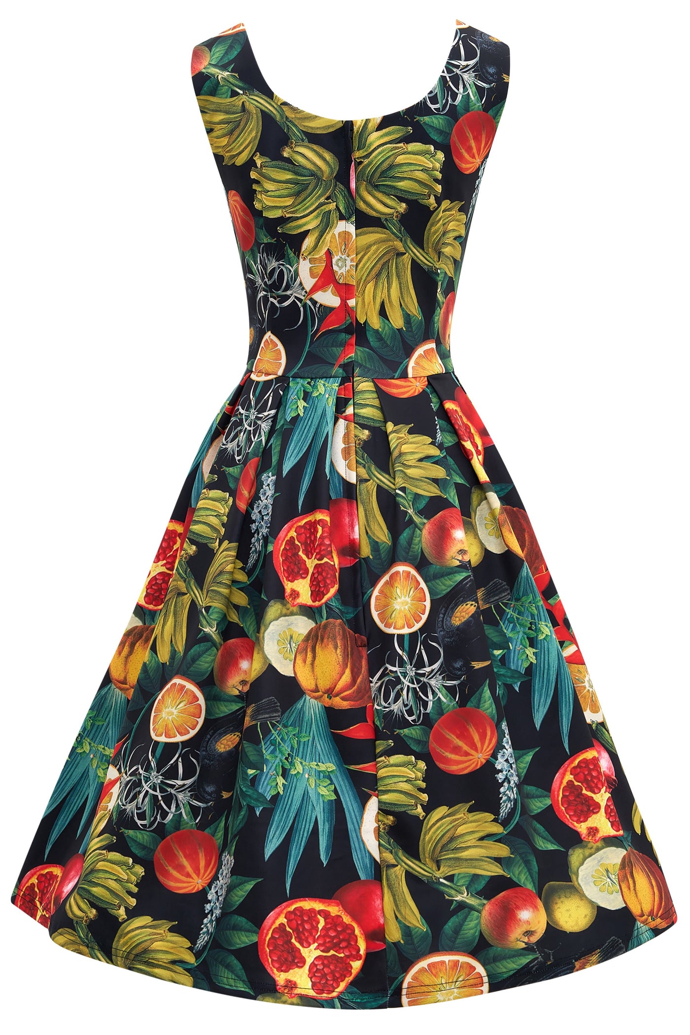 Amanda Black Tropical Fruits Print Pleated Dress by Dolly and Dotty