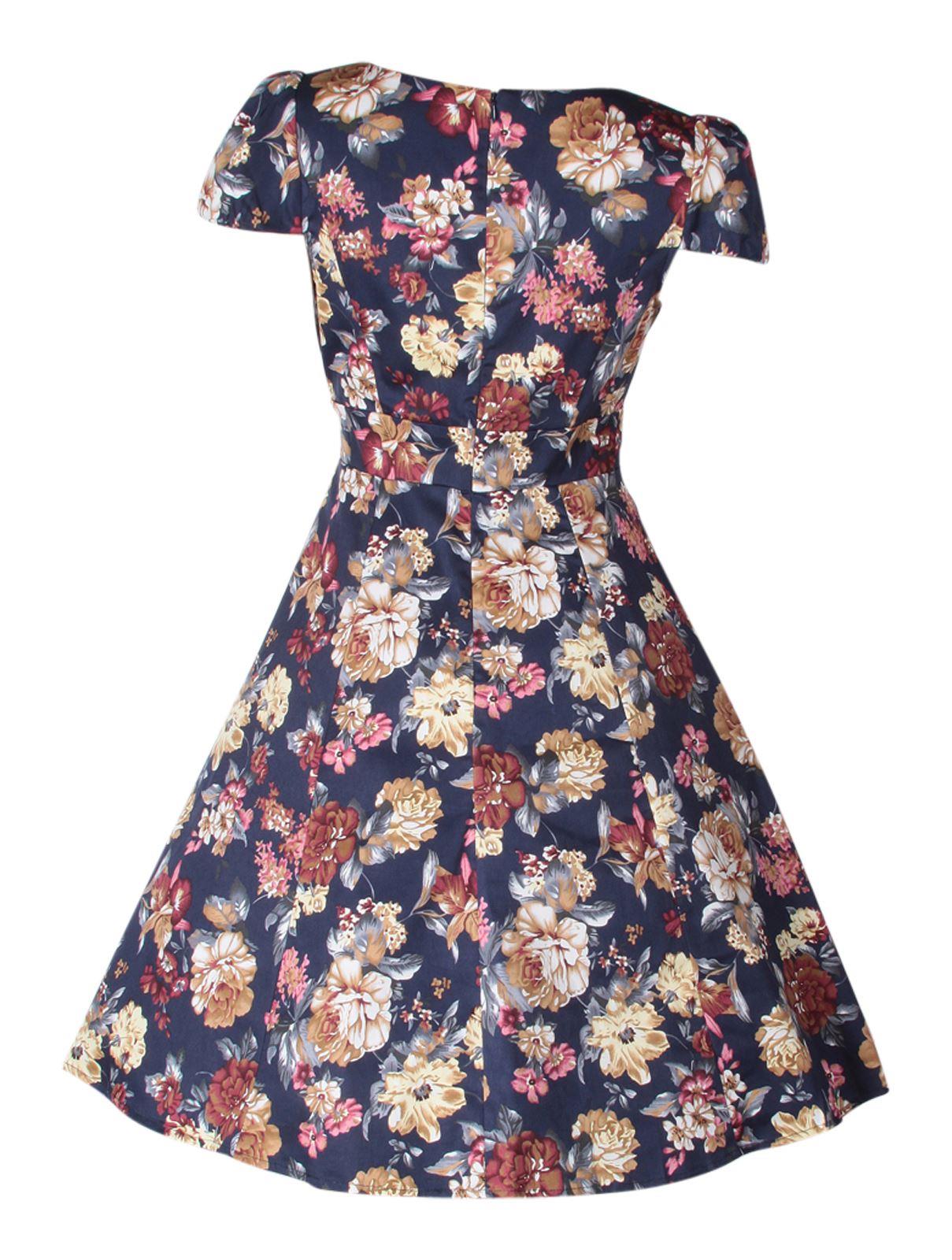 Claudia Flirty Fifties Swing Floral Dress in Blue