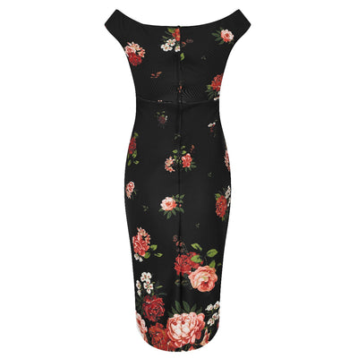 Isabella Step-In Tight Wiggle Dress-Black & Red, Pink Roses