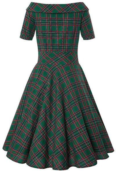 Darlene Vintage Swing Dress in Dark Green Plaid Print