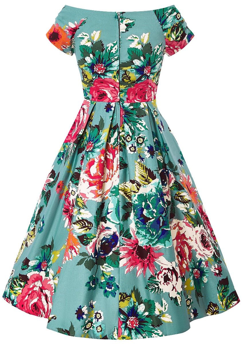 Lily Off Shoulder Blue Floral Swing Dress - Dolly and Dotty