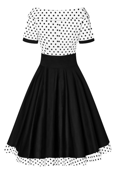 Darlene Retro Swing Dress in White/Black Polka Dot Print