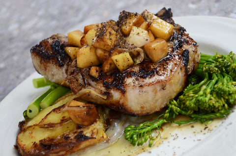 Apple topped Sonny's Farm heritage pork chops recipe