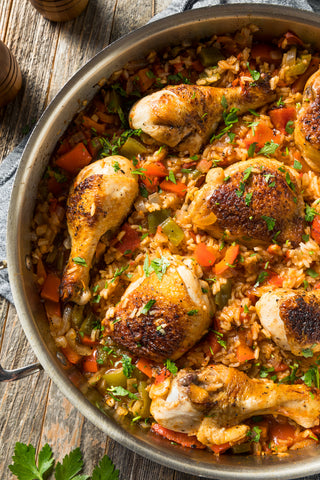 Sonny's Farm pastured chicken thighs and drumsticks in traditional Cuban arroz con pollo