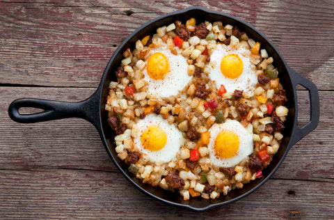 Sonny's Farm pastured pork chorizo breakfast hash with pastured free-range chicken eggs