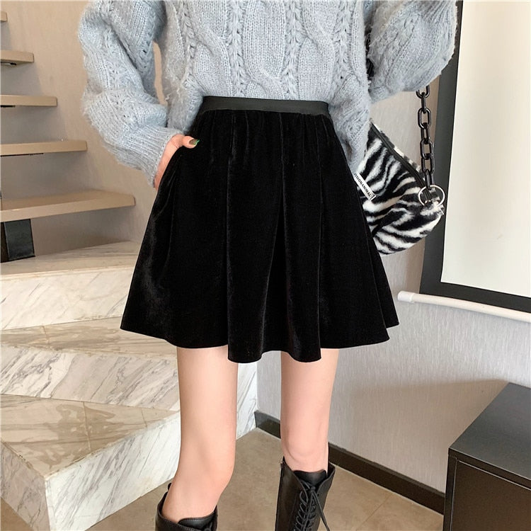 Black Velvet Autumn Mini Skirts Women 