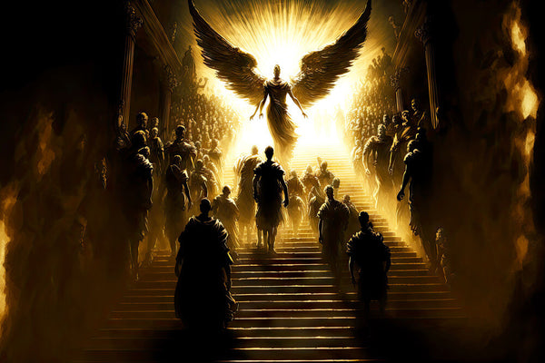 Angel and sinners at great judgment stairway to heaven