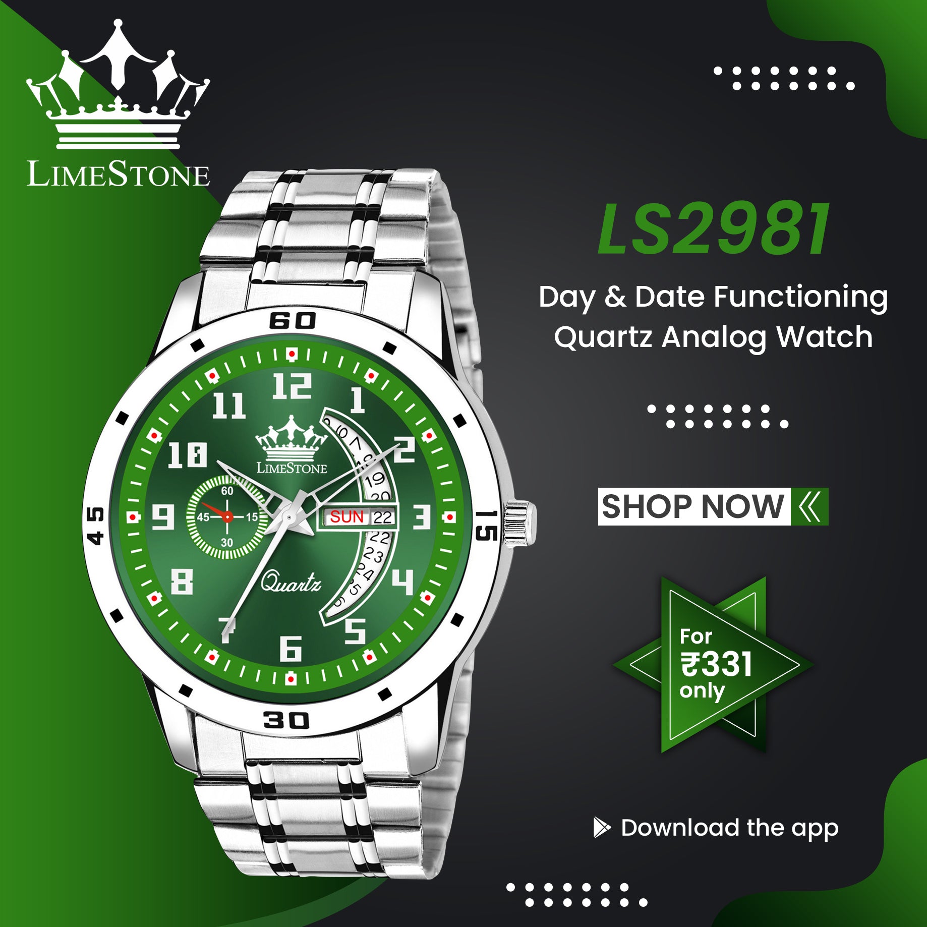 LIMESTONE LS2981 Day and Date Functioning Green Dial Steel Strap New Q –  LimeStone Fashion Store